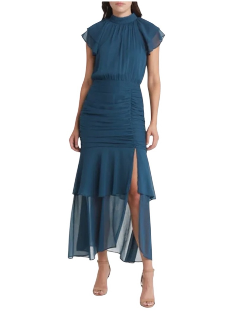 Mila Mae Teal Mock Neck Ruffled Hem Maxi Dress Sleeveless Ruched Size Large